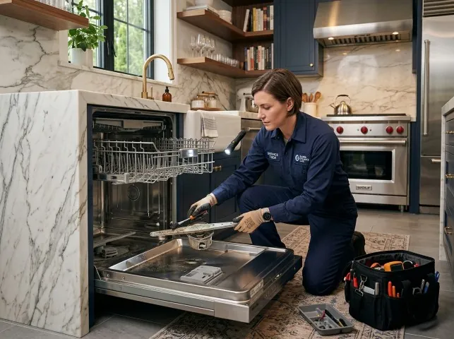 Appliance Repair Hero technician servicing a built-in dishwasher in a Boerne, TX kitchen