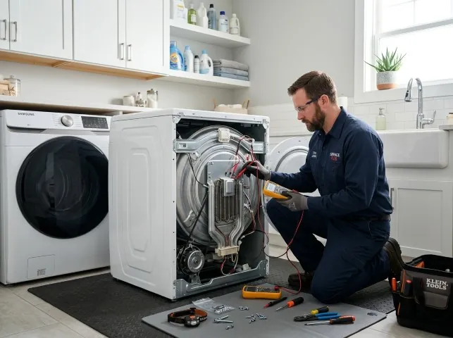 Appliance Repair Hero technician checking a dryer heating element with the rear panel off in Boerne, TX
