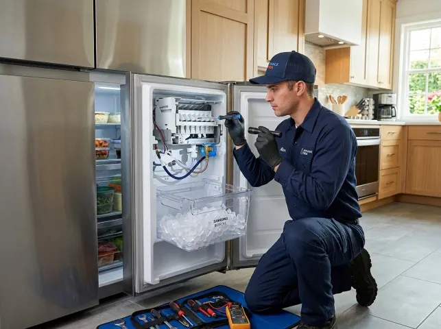 Appliance Repair Hero technician repairing a refrigerator ice maker in Boerne, TX