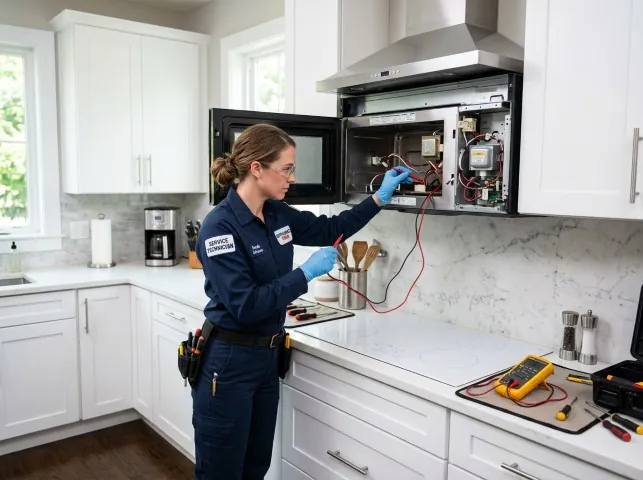 Appliance Repair Hero technician testing an over-the-range microwave in a Boerne, TX kitchen