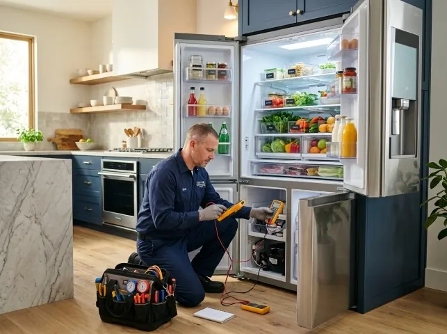 Appliance Repair Hero refrigerator technician testing a fridge on a Boerne, TX service call
