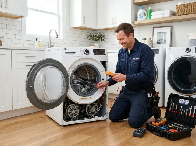 Appliance Repair Hero technician testing a front-load washer with a multimeter on a Boerne, TX service call